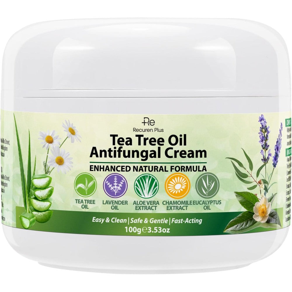 Recuren Plus Antifungal Cream with Tea Tree Oil 100g tube front view for skin fungus relief.