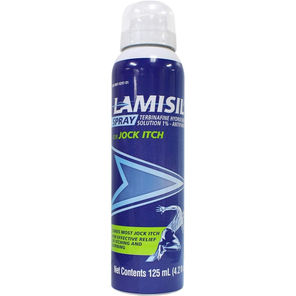 Lamisil Athlete Continuous Spray bottle front view for jock itch antifungal treatment.