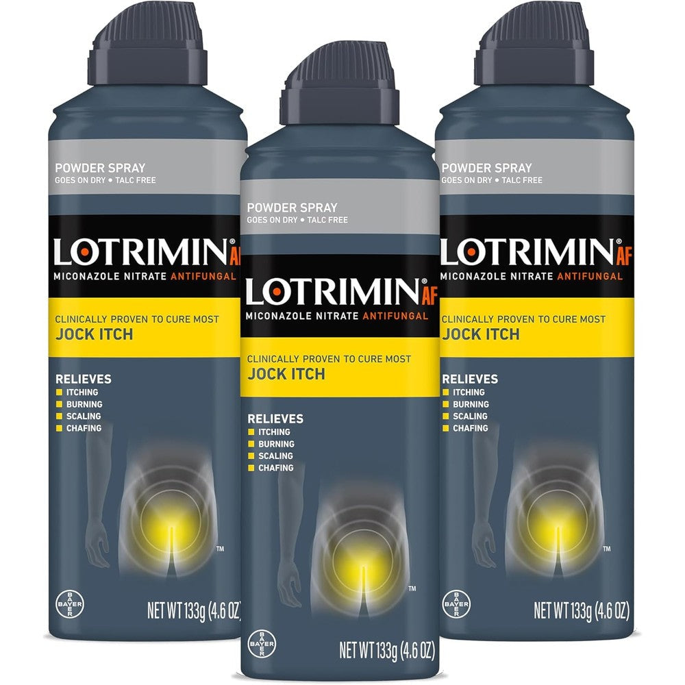 Lotrimin AF Jock Itch Antifungal Powder Spray pack of three front view for jock itch treatment.