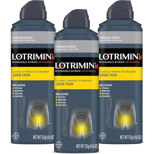 Lotrimin AF Jock Itch Antifungal Powder Spray pack of three front view for jock itch treatment.
