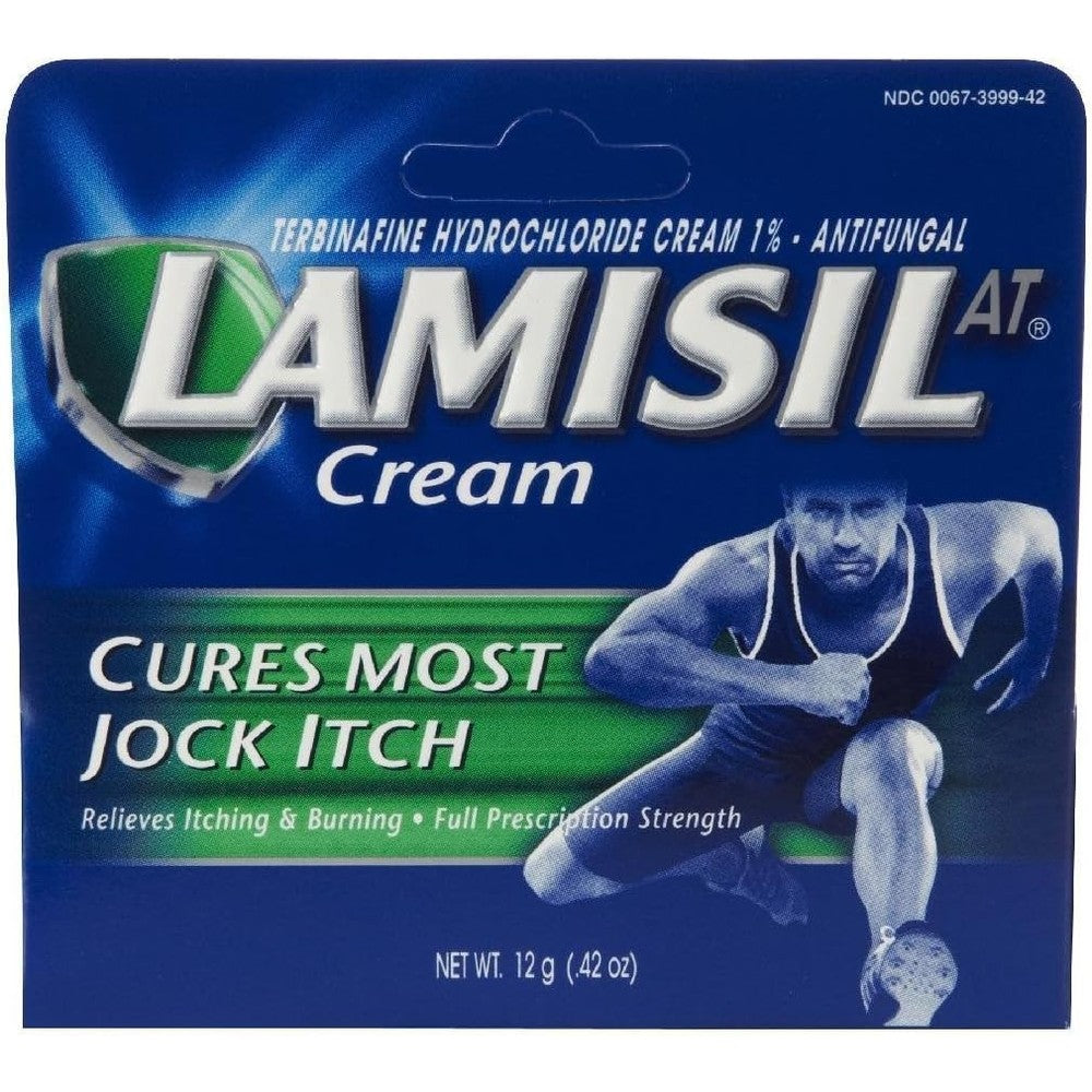Lamisil AT Jock Itch Cream tube and packaging front view for antifungal treatment.