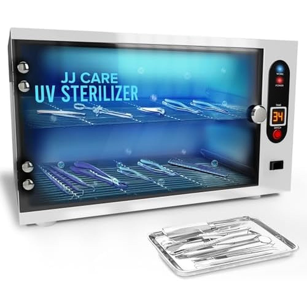 JJ Care 8 Liter UV Sterilizer cabinet front view showing digital timer display