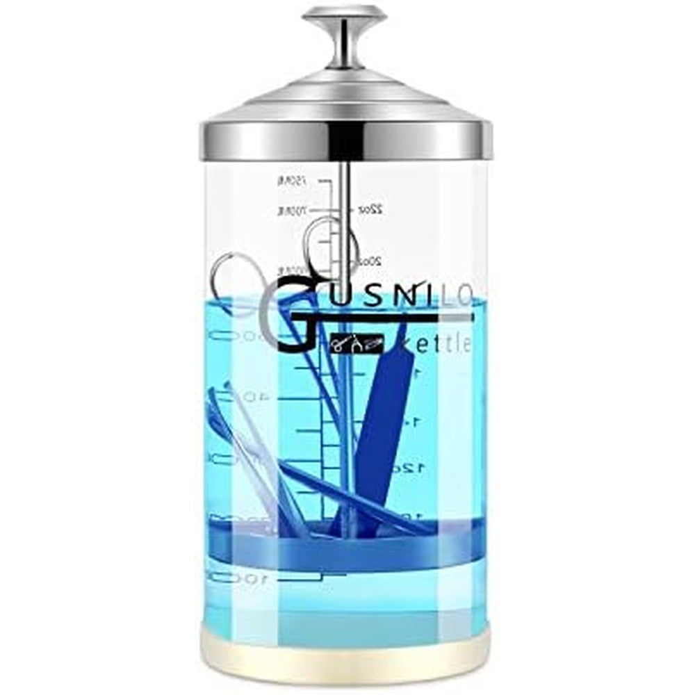 Gusnilo Barber Sanitizer Jar 30 Ounce with stainless steel tray front view