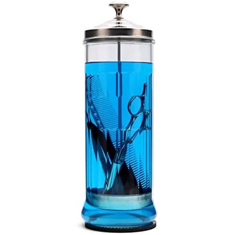 Zibarber glass disinfectant jar front view for salon tools