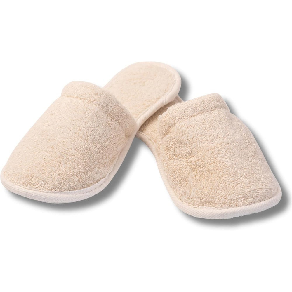 Eco Bath London Natural Toweling Slippers front view of cream organic cotton indoor footwear