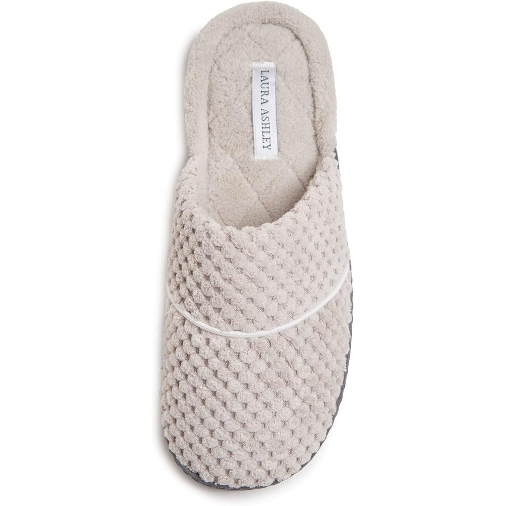 Laura Ashley Ladies Spa Rugged Slippers front view showing beige quilted upper and plush lining