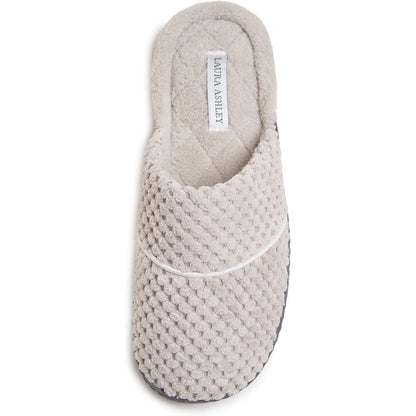 Laura Ashley Ladies Spa Rugged Slippers front view showing beige quilted upper and plush lining