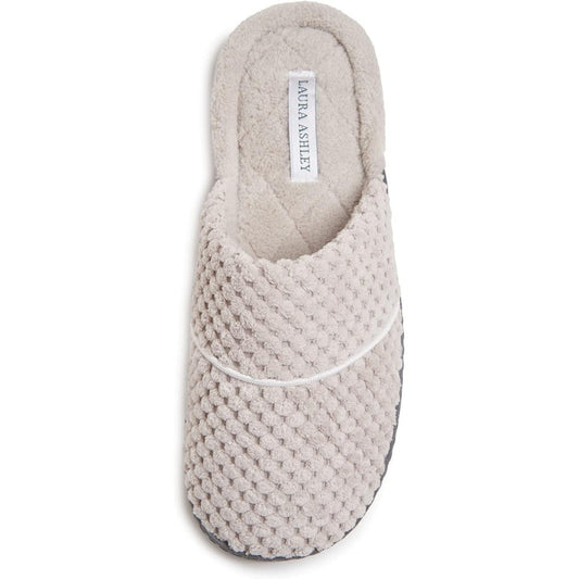 Laura Ashley Ladies Spa Rugged Slippers front view showing beige quilted upper and plush lining