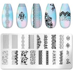 WOKOTO Nail Art Stamping Plates front view showing intricate floral and lace stainless steel patterns for professional DIY manicures.