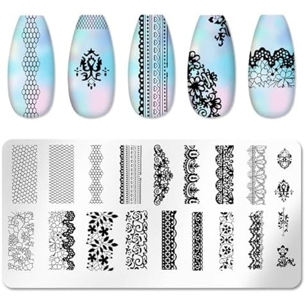 WOKOTO Nail Art Stamping Plates front view showing intricate floral and lace stainless steel patterns for professional DIY manicures.
