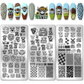 PH PandaHall highland cow nail stamping plates front view showing three stainless steel templates with farm animal designs.