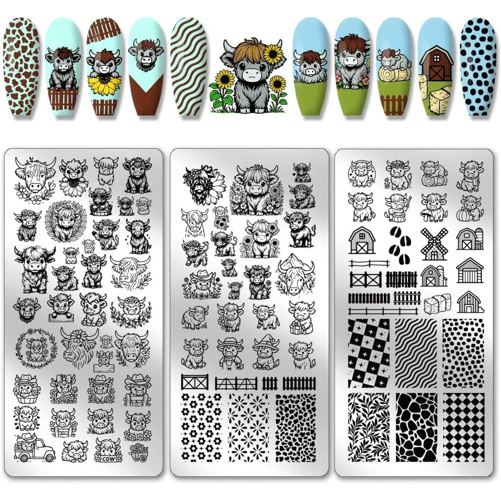 PH PandaHall highland cow nail stamping plates front view showing three stainless steel templates with farm animal designs.