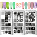 PH PandaHall classic plaid nail stamp plate front view showing three distinct stainless steel templates