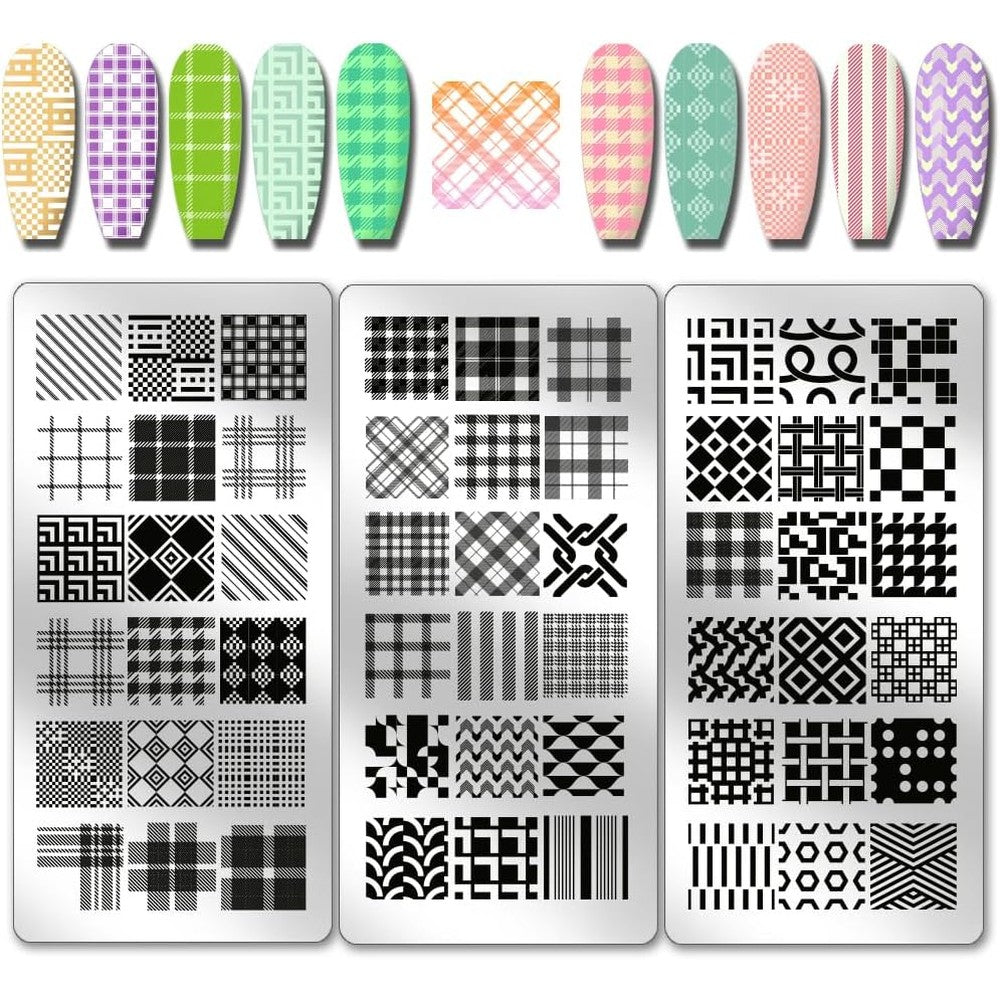 PH PandaHall classic plaid nail stamp plate front view showing three distinct stainless steel templates