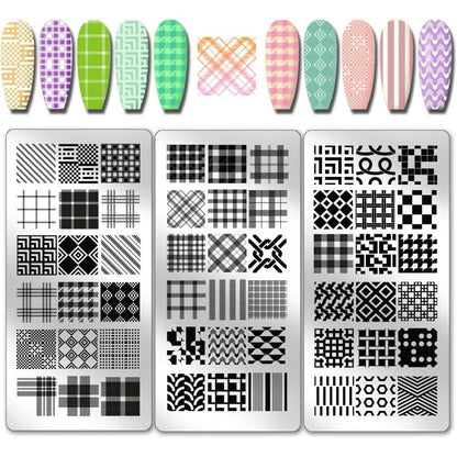 PH PandaHall classic plaid nail stamp plate front view showing three distinct stainless steel templates