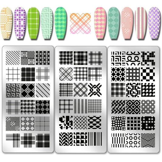 PH PandaHall classic plaid nail stamp plate front view showing three distinct stainless steel templates