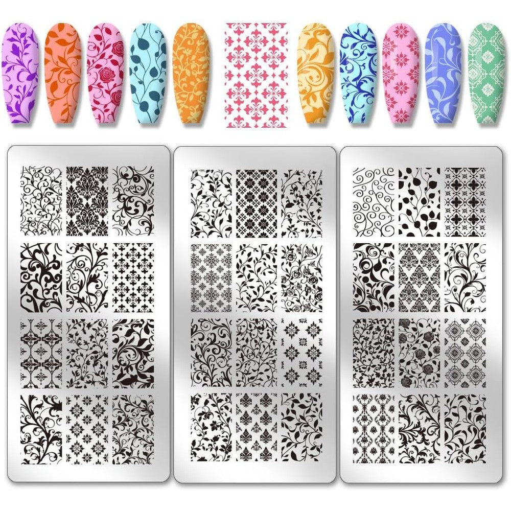 PH PandaHall Flower Texture Nail Stamping Plates front view showcasing three stainless steel templates with floral patterns.