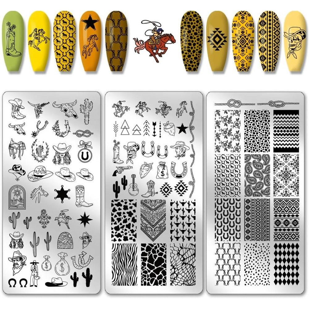 PH PandaHall Wild West Nail Stamping Plates front view showcasing various western cowboy patterns.