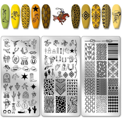 PH PandaHall Wild West Nail Stamping Plates front view showcasing various western cowboy patterns.