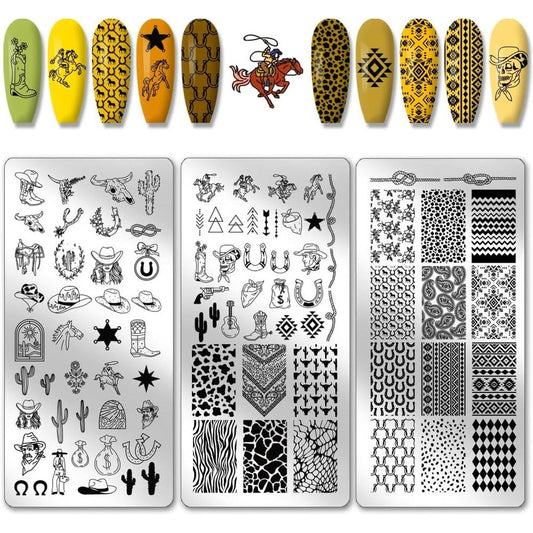 PH PandaHall Wild West Nail Stamping Plates front view showcasing various western cowboy patterns.