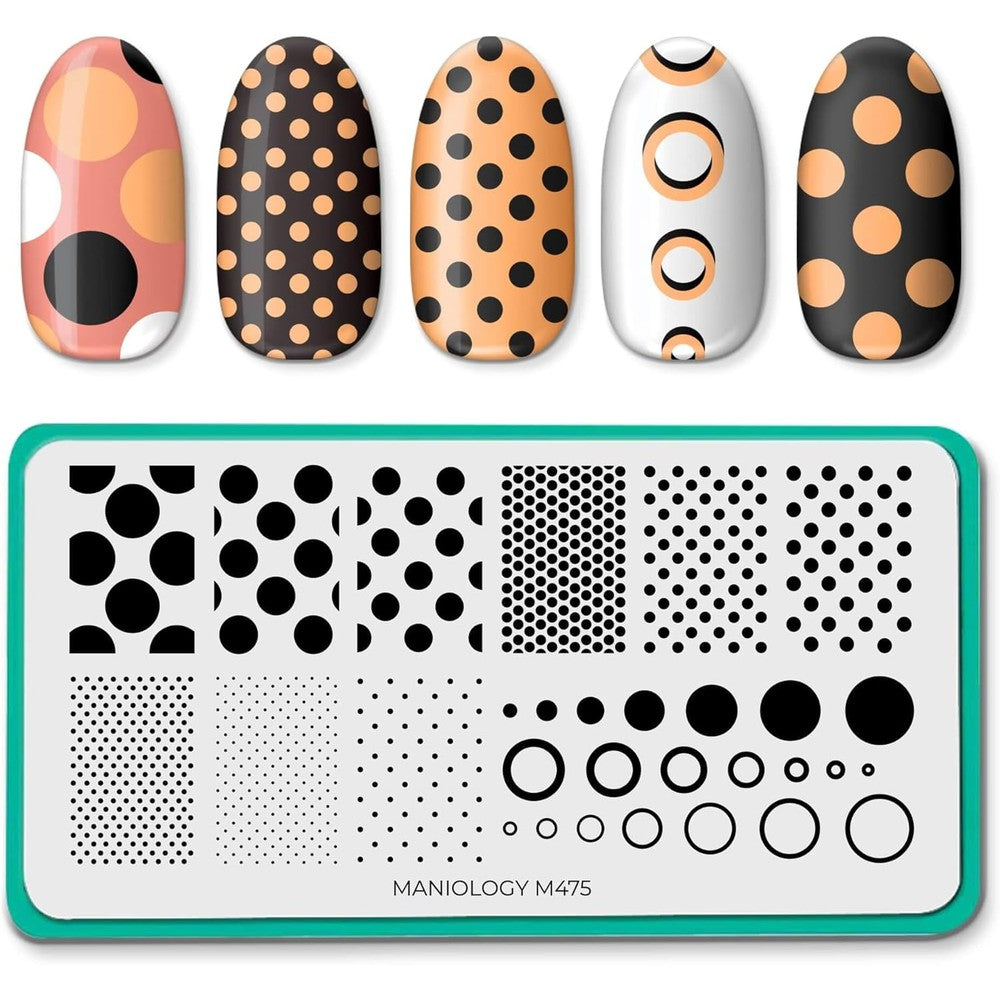 Maniology Shape Nouveau Seeing Spots Nail Stamping Plate front view showing various polka dot patterns.