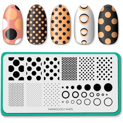 Maniology Shape Nouveau Seeing Spots Nail Stamping Plate front view showing various polka dot patterns.