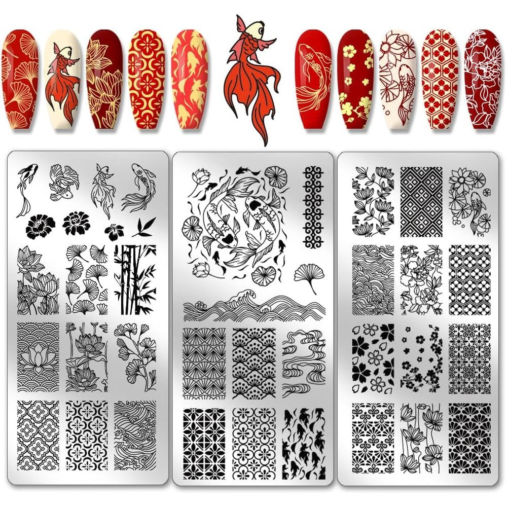 Ph Pandahall 3 Pieces Fish Nail Stamping Plates Set East Lotus And Plum Blossom Stainless Steel Stencils For Manicure Salon Art Design - Image 1
