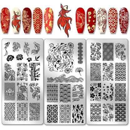 Ph Pandahall 3 Pieces Fish Nail Stamping Plates Set East Lotus And Plum Blossom Stainless Steel Stencils For Manicure Salon Art Design - Image 1