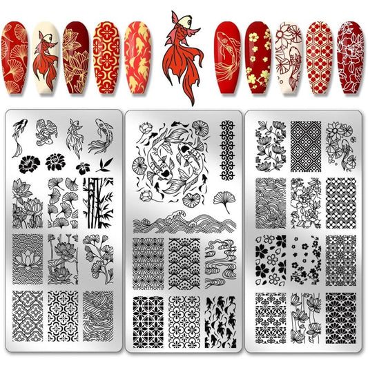 Ph Pandahall 3 Pieces Fish Nail Stamping Plates Set East Lotus And Plum Blossom Stainless Steel Stencils For Manicure Salon Art Design - Image 1