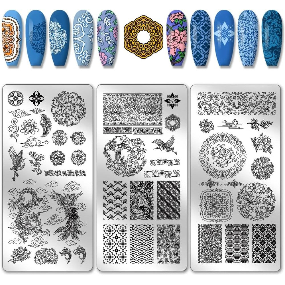 PH PandaHall Chinese Porcelain Nail Stamping Plates front view showcasing traditional dragon and phoenix designs.