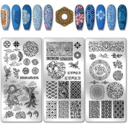 PH PandaHall Chinese Porcelain Nail Stamping Plates front view showcasing traditional dragon and phoenix designs.