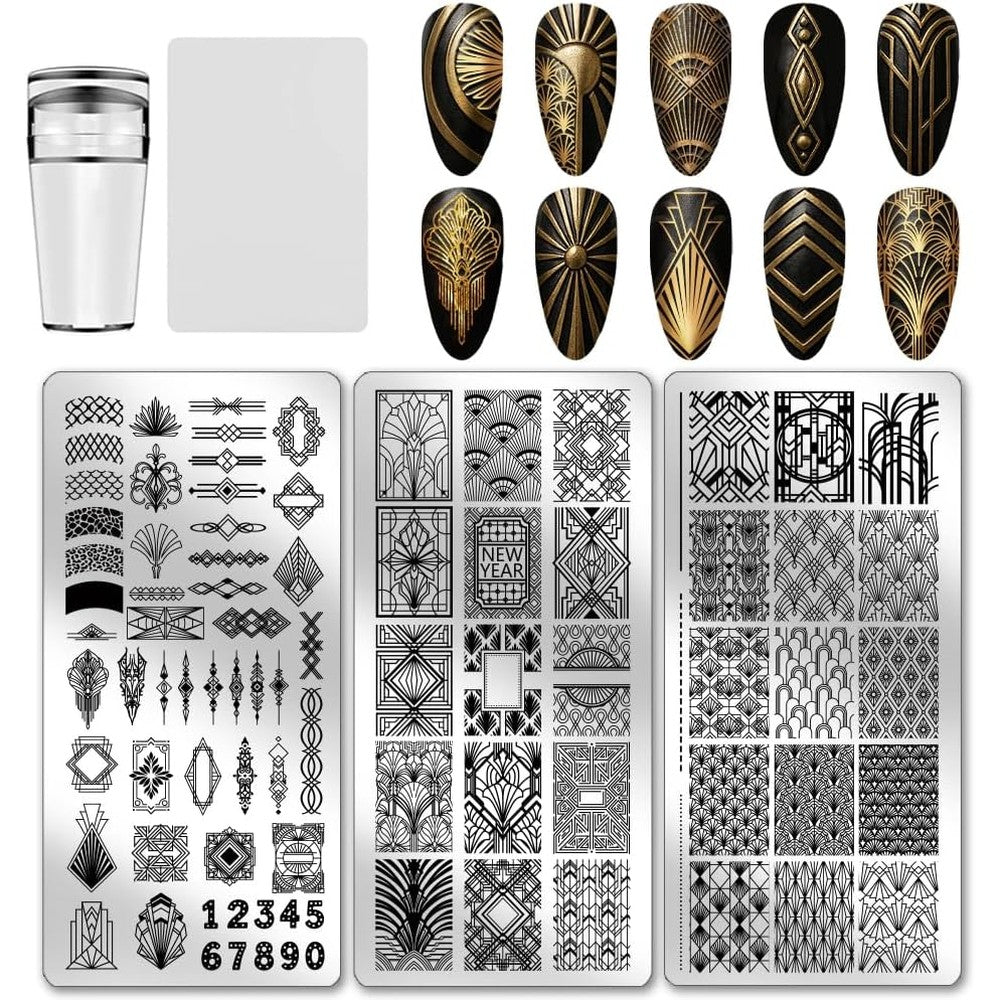 PH PandaHall European style nail stamping plates pack of three front view showing geometric patterns.