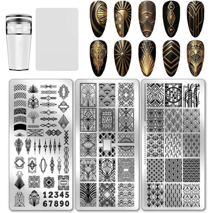 PH PandaHall European style nail stamping plates pack of three front view showing geometric patterns.