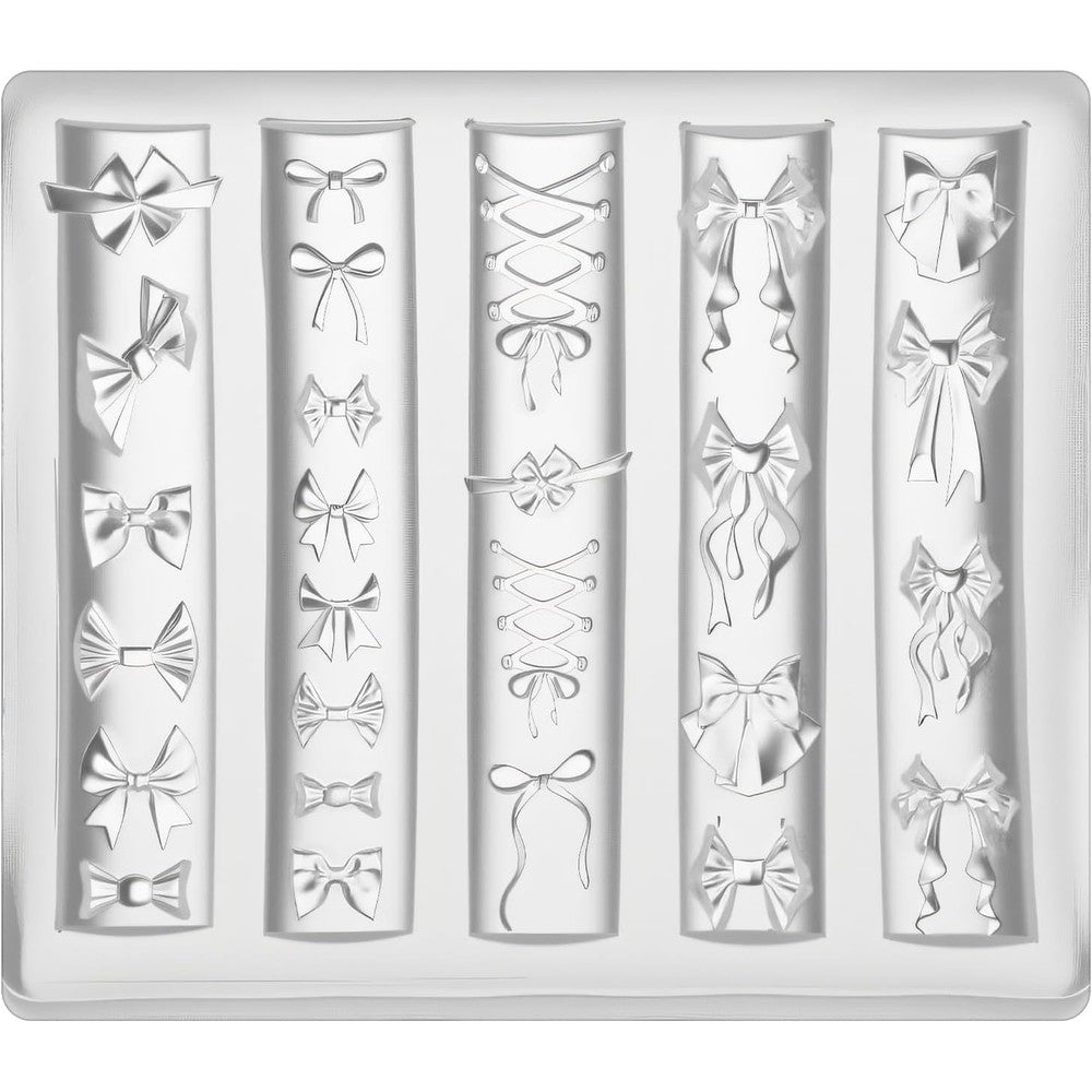 Thrymme bow nail mold front view showing transparent 3D silicone cavities for professional nail art accessories.