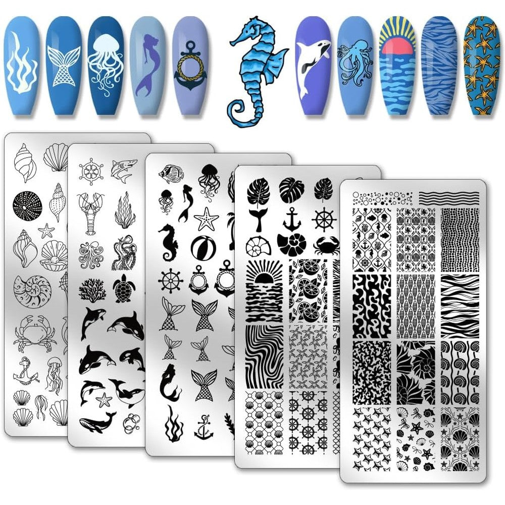 PH PandaHall ocean theme nail stamping plates five piece set front view showing sea creature stencils.