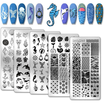 PH PandaHall ocean theme nail stamping plates five piece set front view showing sea creature stencils.