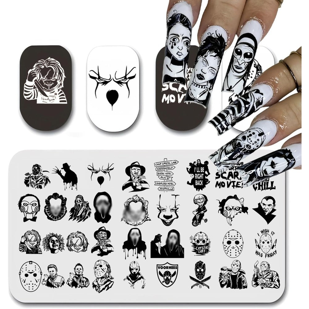Jtrebm Halloween horror movie nail art stamping plate front view featuring scary character stencils