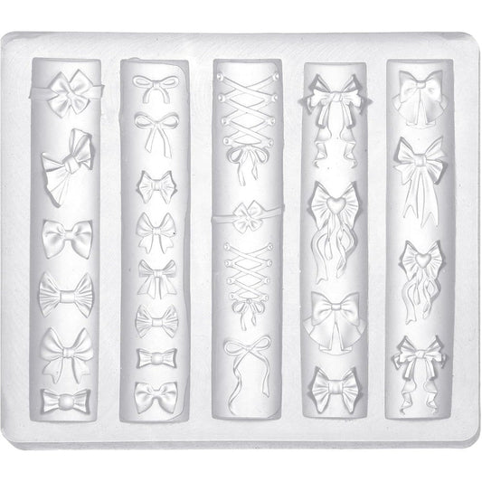 Lasuroa bow nail charm mold front view showing multiple transparent 3D bow design cavities.