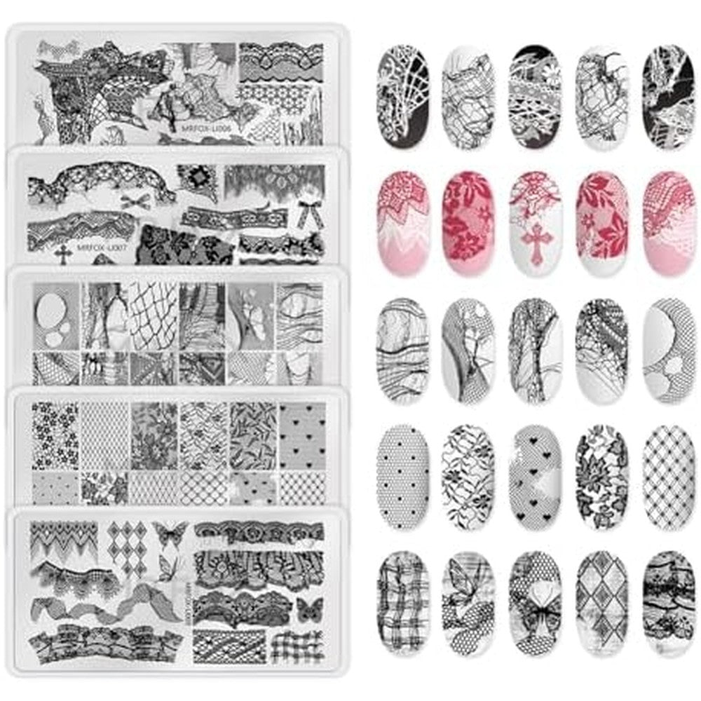 MR.FOX 5 Pieces Nail Stencils Plates front view showcasing intricate lace and butterfly patterns for DIY manicures