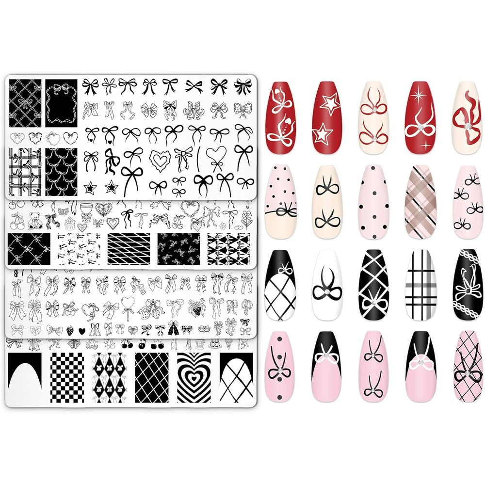 JarThenaAMCS four piece bow nail plates stamping set front view showing detailed coquette templates.