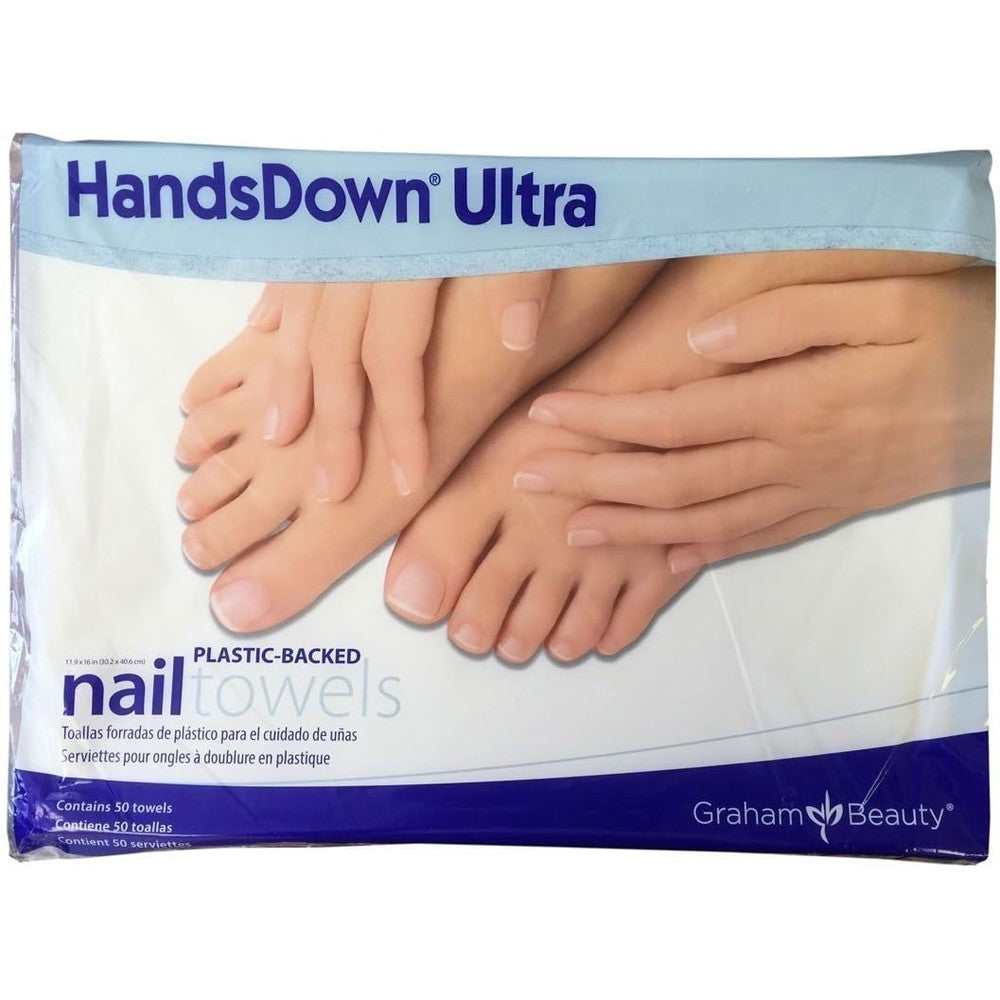 Graham Hands Down Ultra Plastic-Backed Nail Care Towels 50 Count pack front view