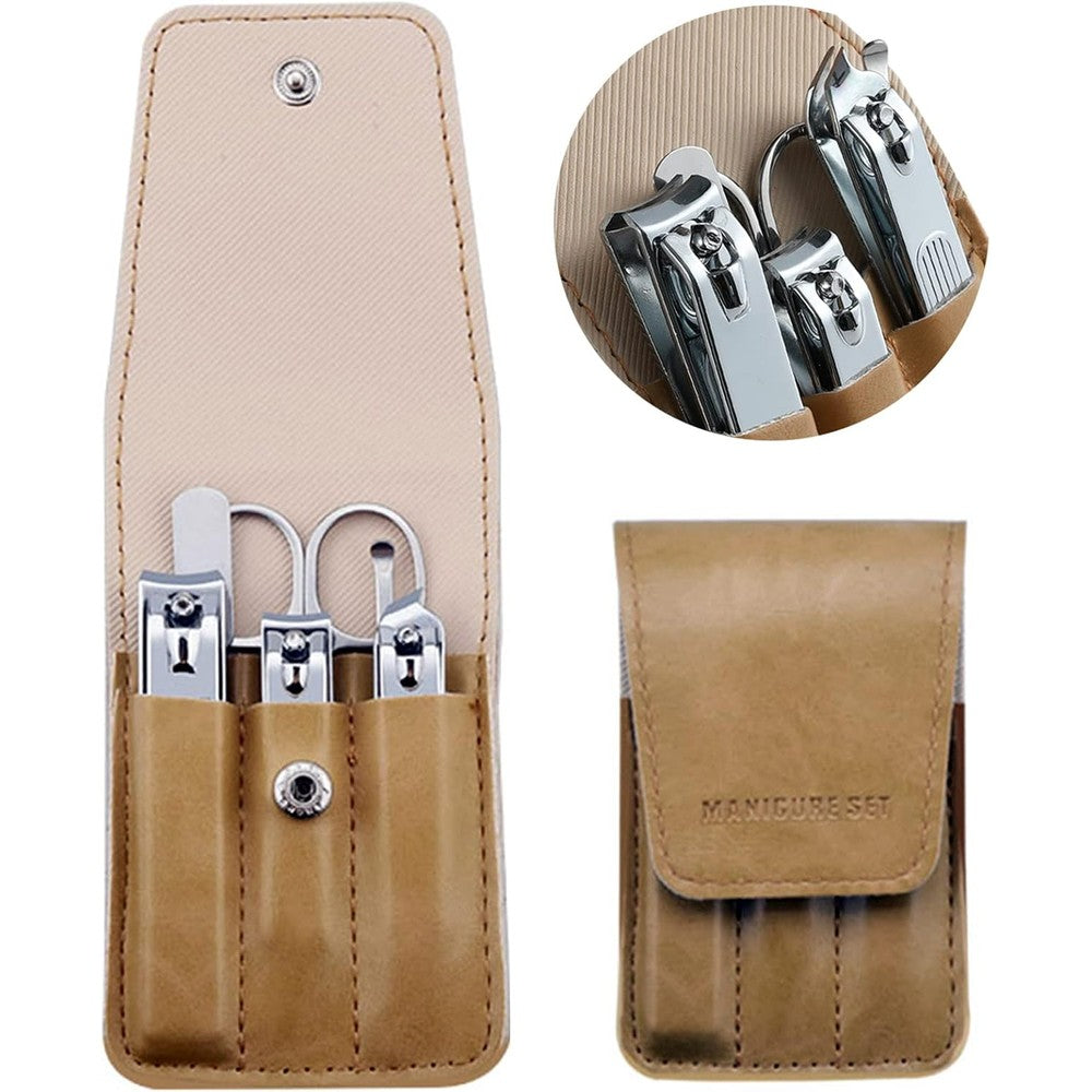 Atimier 6 piece nail clipper set front view with beige leather case