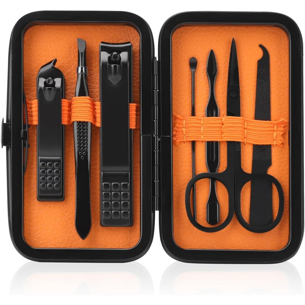 Fenlebeneil manicure set front view showing stainless steel tools