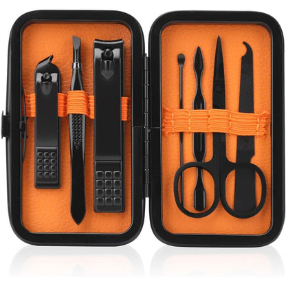 Fenlebeneil manicure set front view showing stainless steel tools