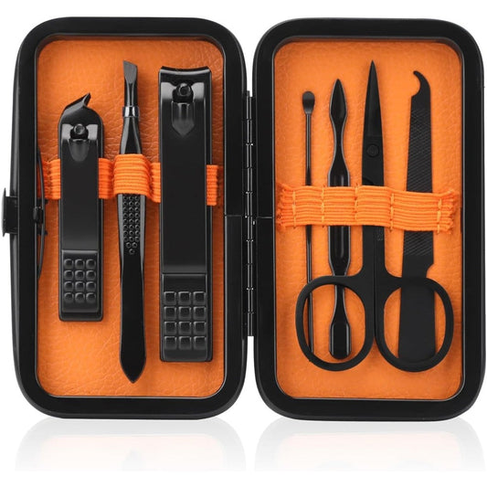 Fenlebeneil manicure set front view showing stainless steel tools