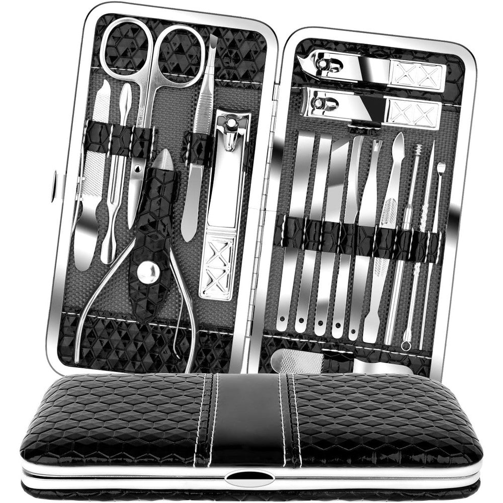 Teamkio 18 piece manicure and pedicure kit in black leather case front view