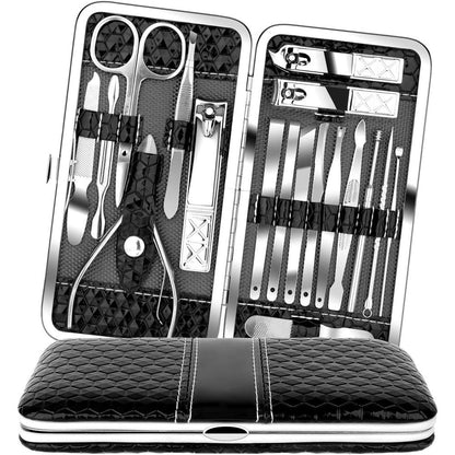 Teamkio 18 piece manicure and pedicure kit in black leather case front view