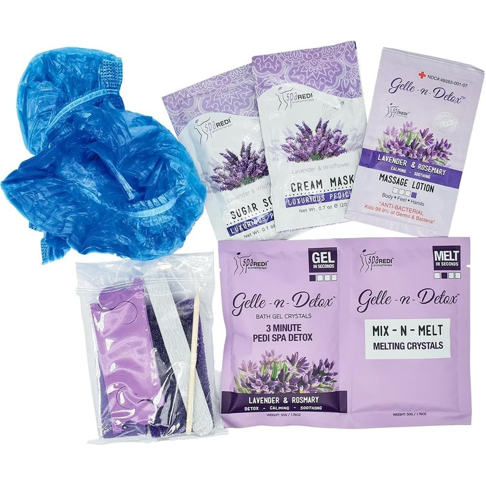 Spa Redi Gelle-n-Detox 10-in-1 Lavender and Rosemary pedicure kit front view.