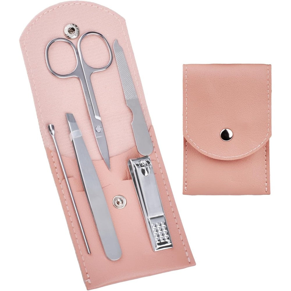 Hantekas travel manicure set front view in pink leather case