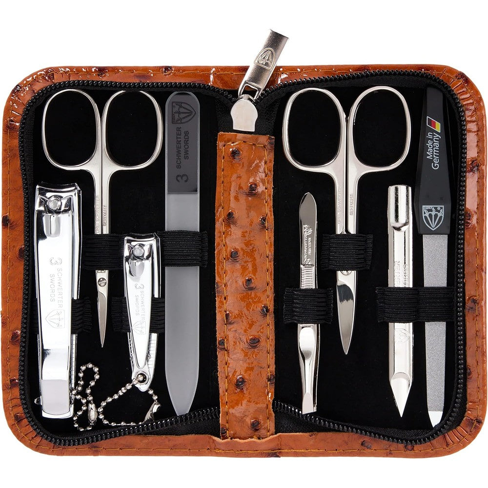 3 Swords Germany 8 piece manicure pedicure set in ostrich cognac leather case